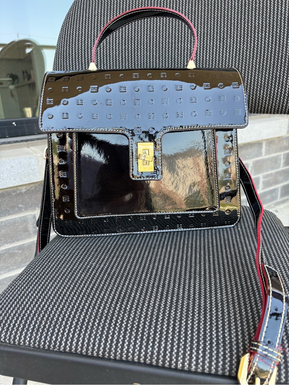 Arcadia Patent Leather Top-Handle Satchel in Black with Red Trim